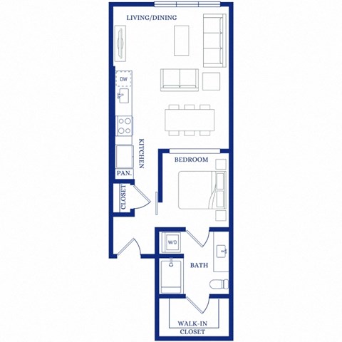 Floor plan for 1 bed, 1 bath, 618 sqft